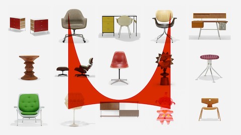A grid of 15 vintage Herman Miller products, including chairs, tables, and home decor with a large red Herman Miller logo superimposed over the grid.