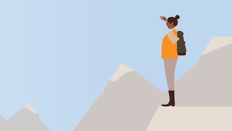 An illustration of a woman standing in a mountain range. Select to go to an overview of the Living Office.