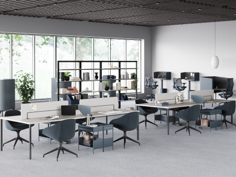 A selection of OE1 Workspace Collection products including OE1 Micro Packs, OE1 Nooks, OE1 Agile Wall and OE1 Storage Trolleys are featured in a study hall setting.