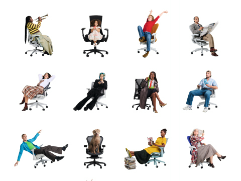 A white background with a grid of twelve office chairs with people and animals sitting in them doing a variety of activities: playing a trumpet to stretching to reading. Each person is unique in age, skin tone, clothing, activity, and posture.