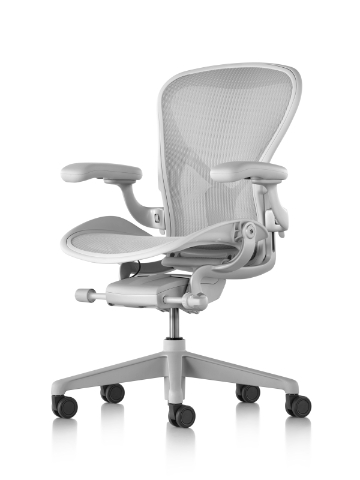 Angled view of a light grey Aeron office chair. Angled view of a light grey Aeron office chair.