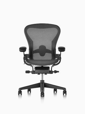 A black Aeron office chair, viewed from the front.
