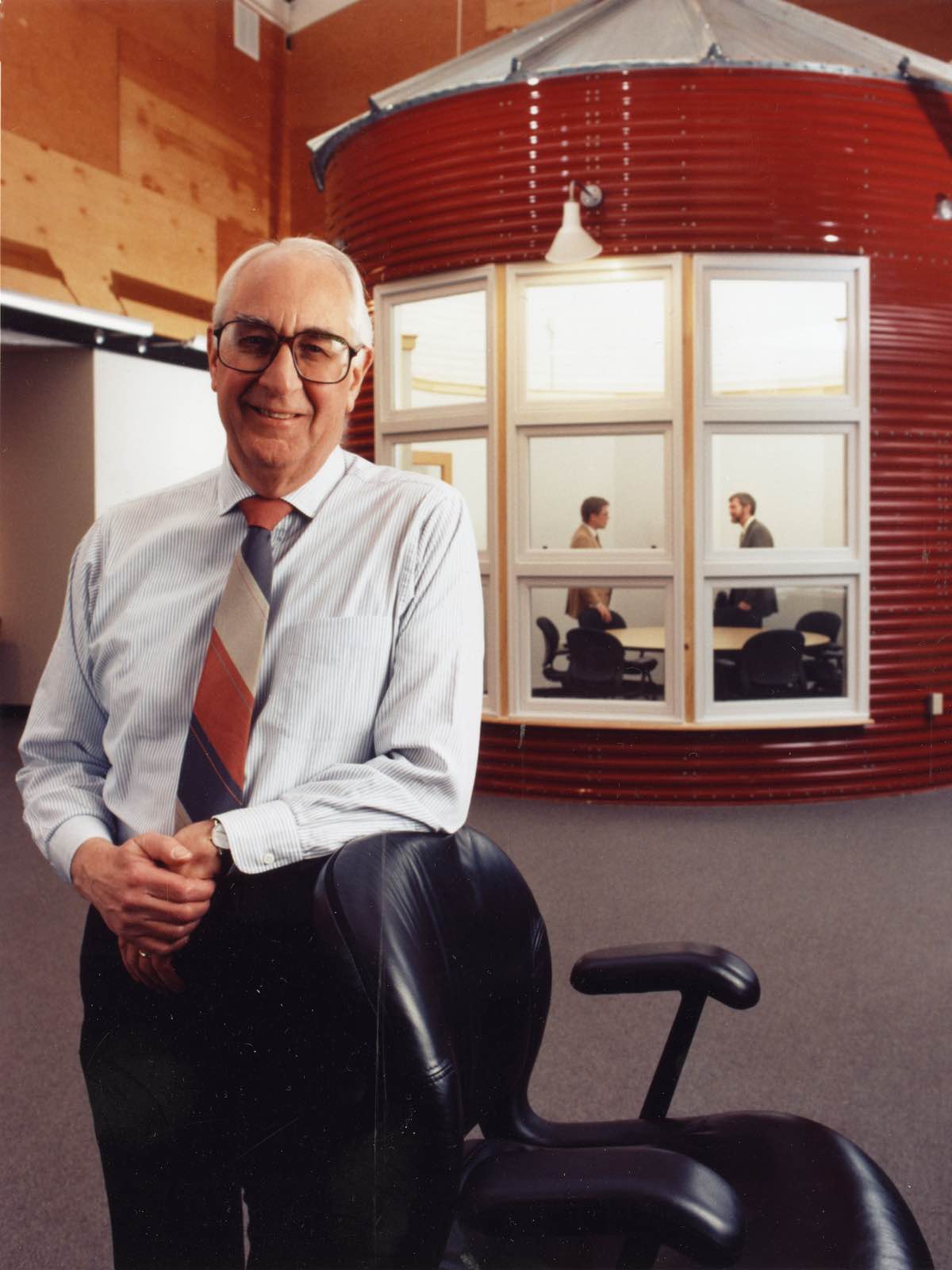 Former Herman Miller CEO Max De Pree leans on a chair in Herman Miller's Design Yard facility in Holland, Michigan. Former Herman Miller CEO Max De Pree leans on a chair in Herman Miller's Design Yard facility in Holland, Michigan.