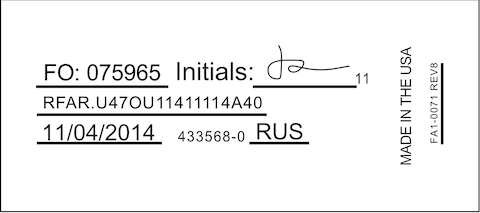 A sample Herman Miller product label, showing the Model Number, Manufacturing Date, and FO Number.