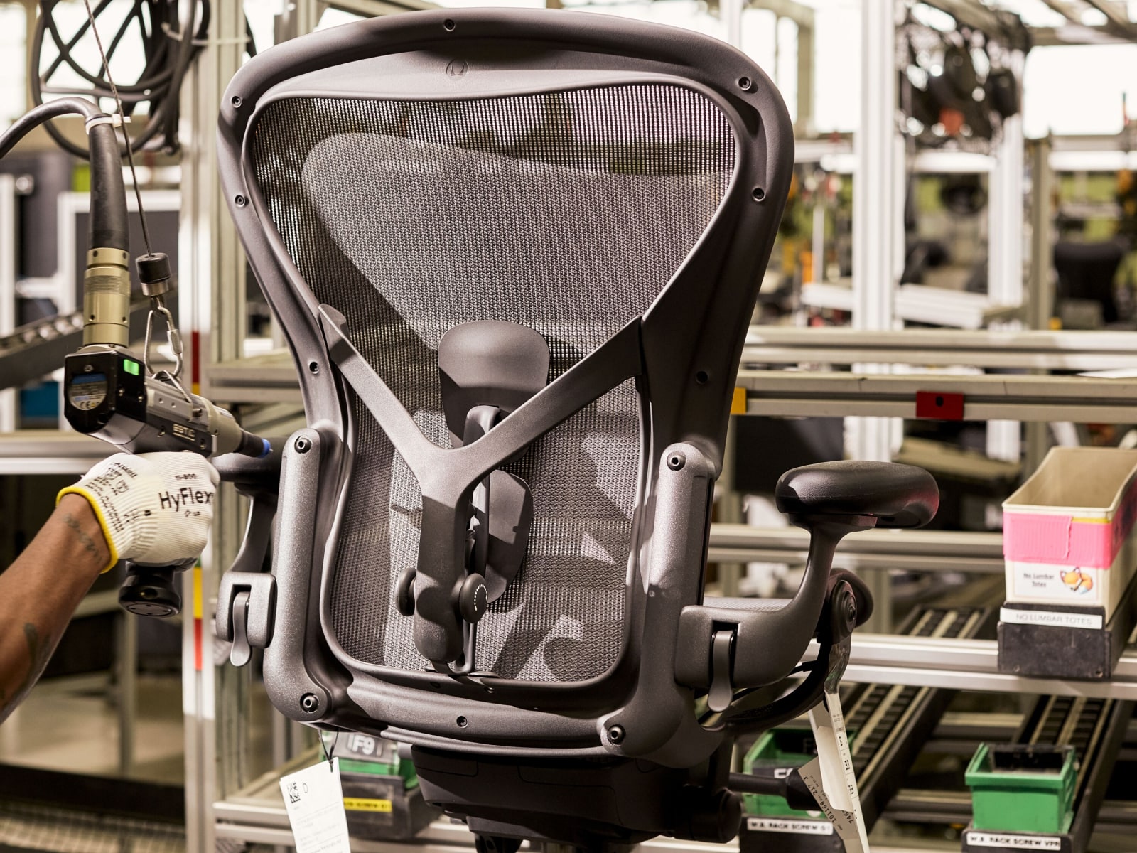 A black Aeron chair in the Herman Miller test lab.