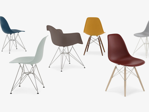 Group of Eames Molded Plastic Shell Chairs included blue green shell on wire base, grey green shell on wire base, cocoa armchair shell on wire base, deep yellow on dowels, brick red on dowels, light grey shell on wire, medium grey shell on 4 legs, and pale blue on wire base.