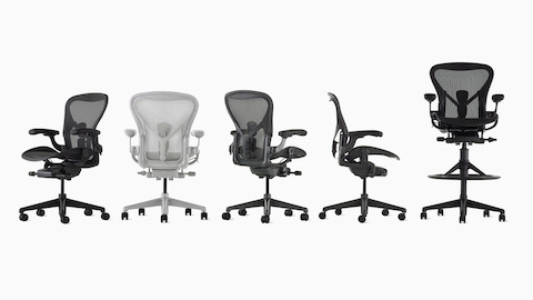 Four Aerons Chairs in four colours, and one Aeron stool.