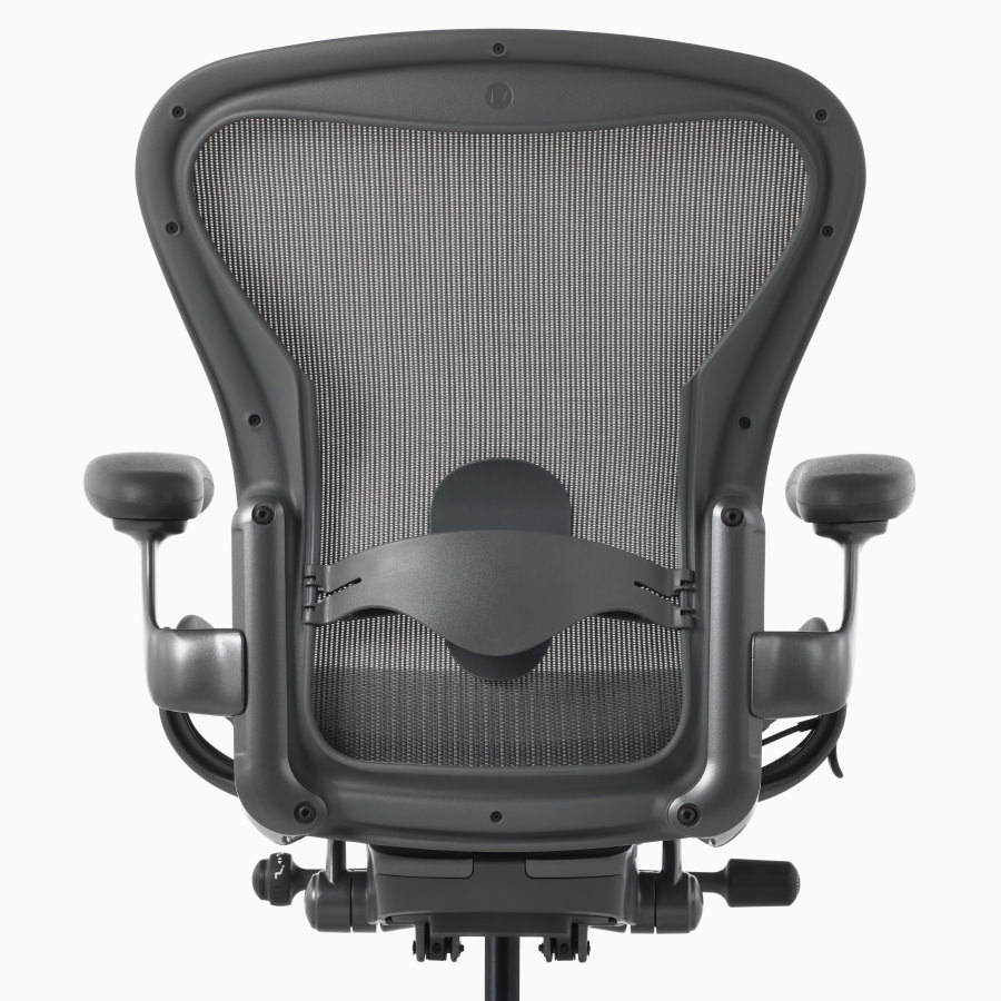 Een achteraanzicht van een Aeron-stoel met een instelbare ondersteuning voor rug.