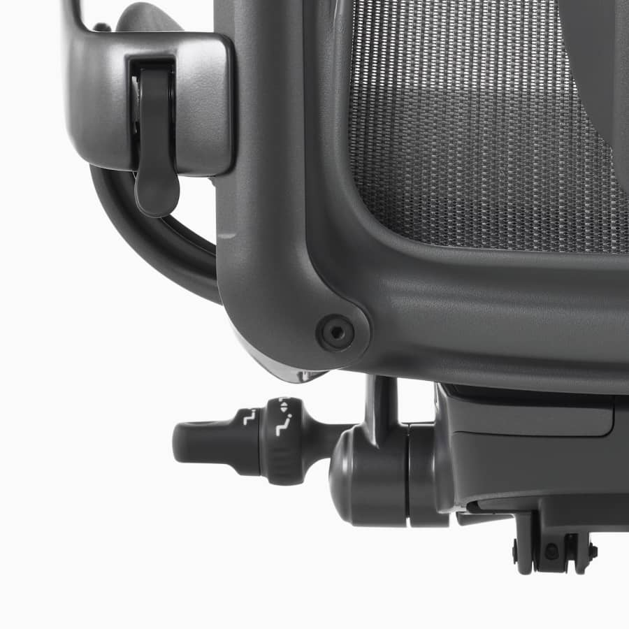 A close-up view of the tilt limiter with seat angle option on an Aeron Chair.