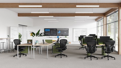 Sillas Aeron en color ónix con escritorios OE1 de color oliva y módulos compactos en una sala de trabajo colaborativa.
