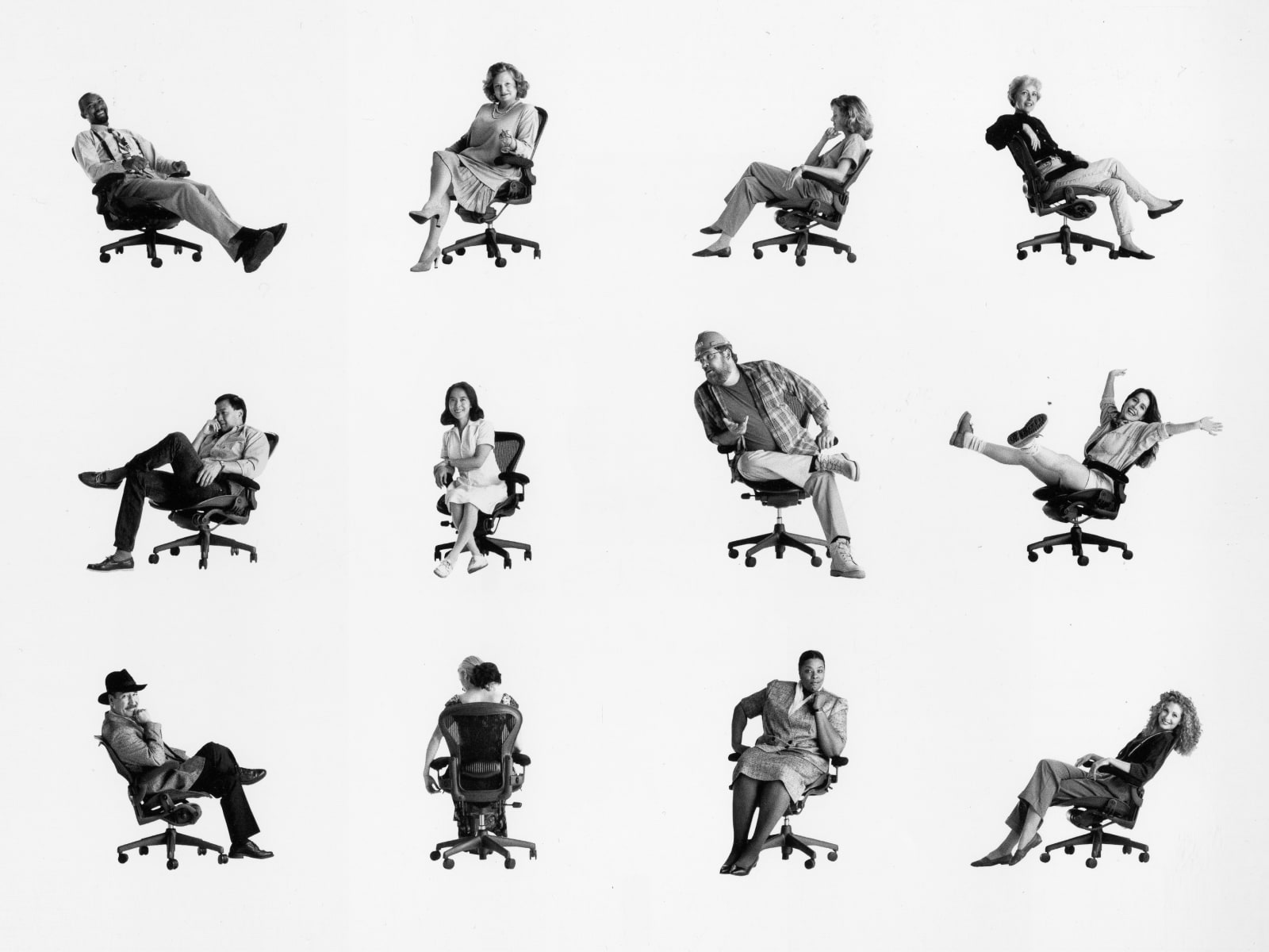 Twelve various people sitting on individual Aeron Chairs.