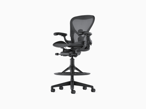 An Aeron Stool on a white background with a 5-star base and ergonomic back support, viewed at an angle.