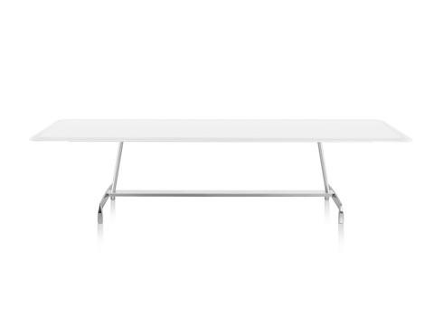 Uma mesa AGL retangular branca, vista do lado comprido.