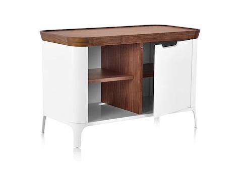 Open cabinet view of White Airia Media Cabinet from Herman Miller, with dark walnut trim. Open cabinet view of White Airia Media Cabinet from Herman Miller, with dark walnut trim.