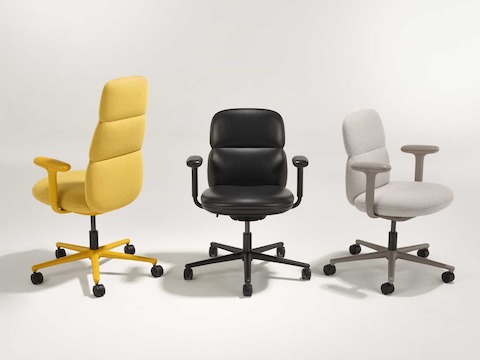 A group of three Asari chairs by Herman Miller all with height adjustable arms. Included in this group are a mid back light brown chair, a high back yellow chair and a mid back black leather chair. A group of three Asari chairs by Herman Miller all with height adjustable arms. Included in this group are a mid back light brown chair, a high back yellow chair and a mid back black leather chair.