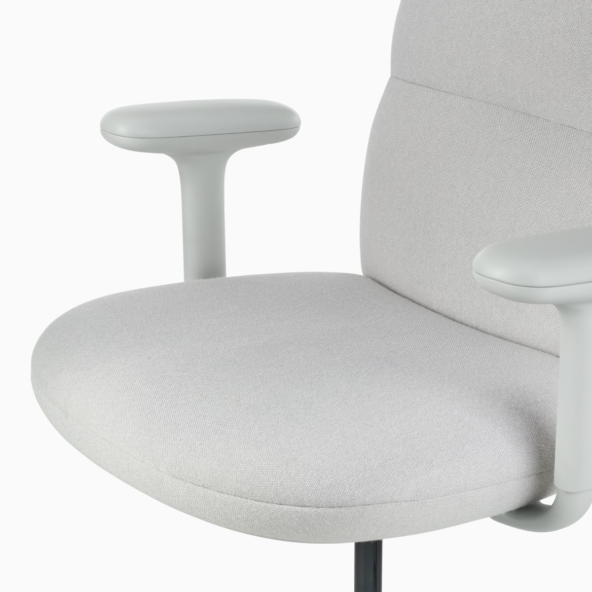 Detail view of an Asari chair by Herman Miller in light grey.