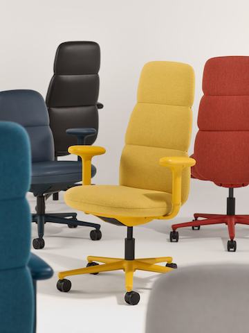 A group of five Asari chairs by Herman Miller all with height adjustable arms. Included in this group are a mid-back dark blue leather chair, a high-back deep red chair, a high-back black leather chair, a high-back yellow chair and a high-back teal blue chair.