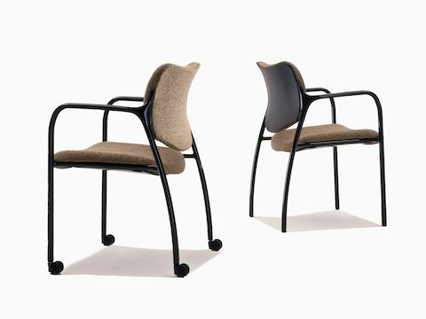 Two versions of a brown Aside Chair, one with casters and full upholstery and one with a partially upholstered back.