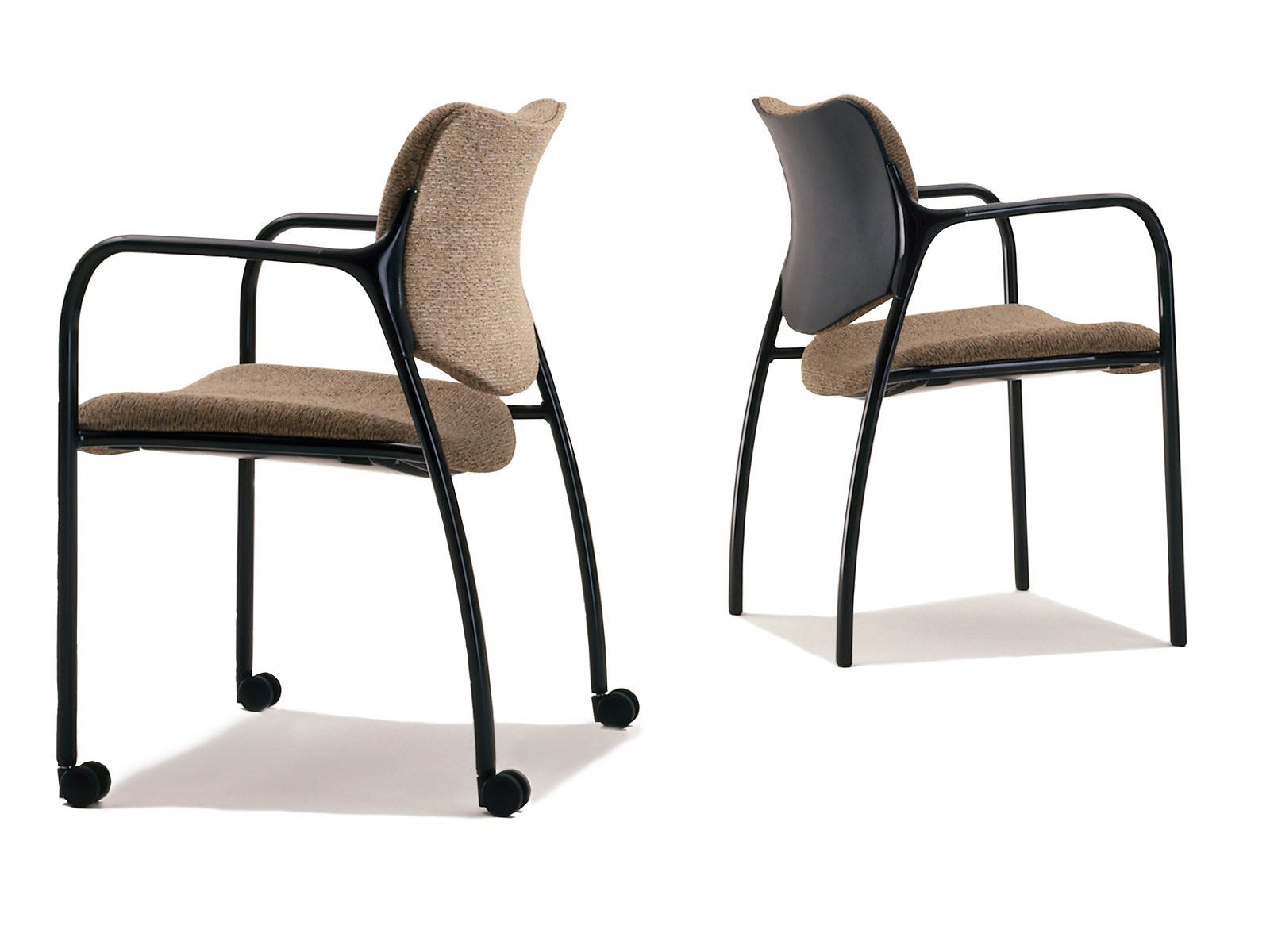 Two versions of a brown Aside Chair, one with casters and full upholstery and one with a partially upholstered back.