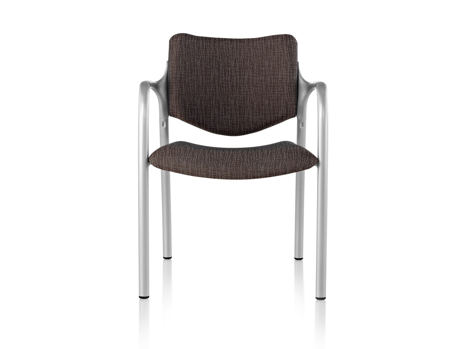 Brown Aside Chair with silver arms, viewed from the front.