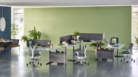 Le sedie da ufficio Sayl completano una configurazione a zigzag di quattro scrivanie Atlas Office Landscape con altezza regolabile e piani blu.