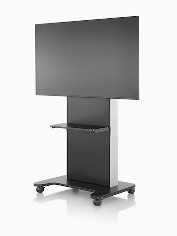 Front view of a black AV/VC One technology cart with a large digital display.