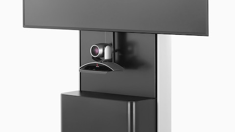 Close-up of a webcam mounted to the front of an AV/VC One cart below a large digital display.