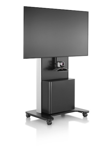 An AV/VC black technology cart with large monitor and webcam, viewed from an angle.