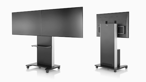 Two AV/VC black technology carts, one viewed from the front with two monitors and the other with one monitor, viewed from behind.