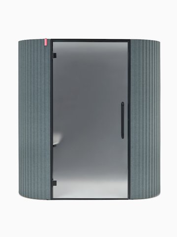 A front view of a Bay Work Pod Pro with a frosted door and a lit occupancy indicator.