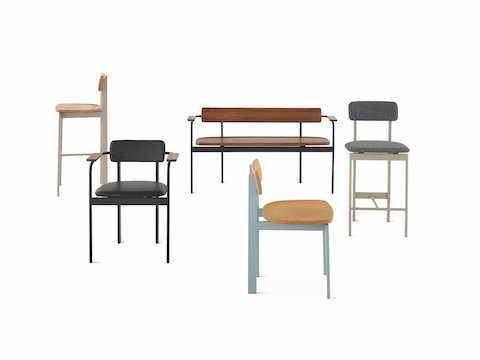The Betwixt seating family in different finishes, featuring the side chair, stool and bench.
