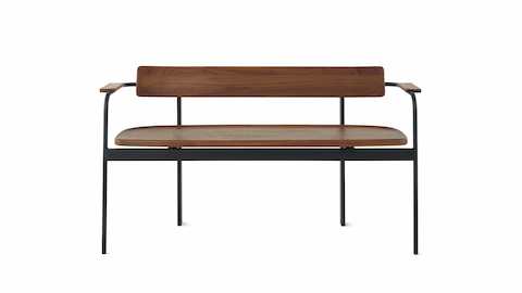 A Betwixt Bench with walnut seat, backrest, and arms with a black frame.