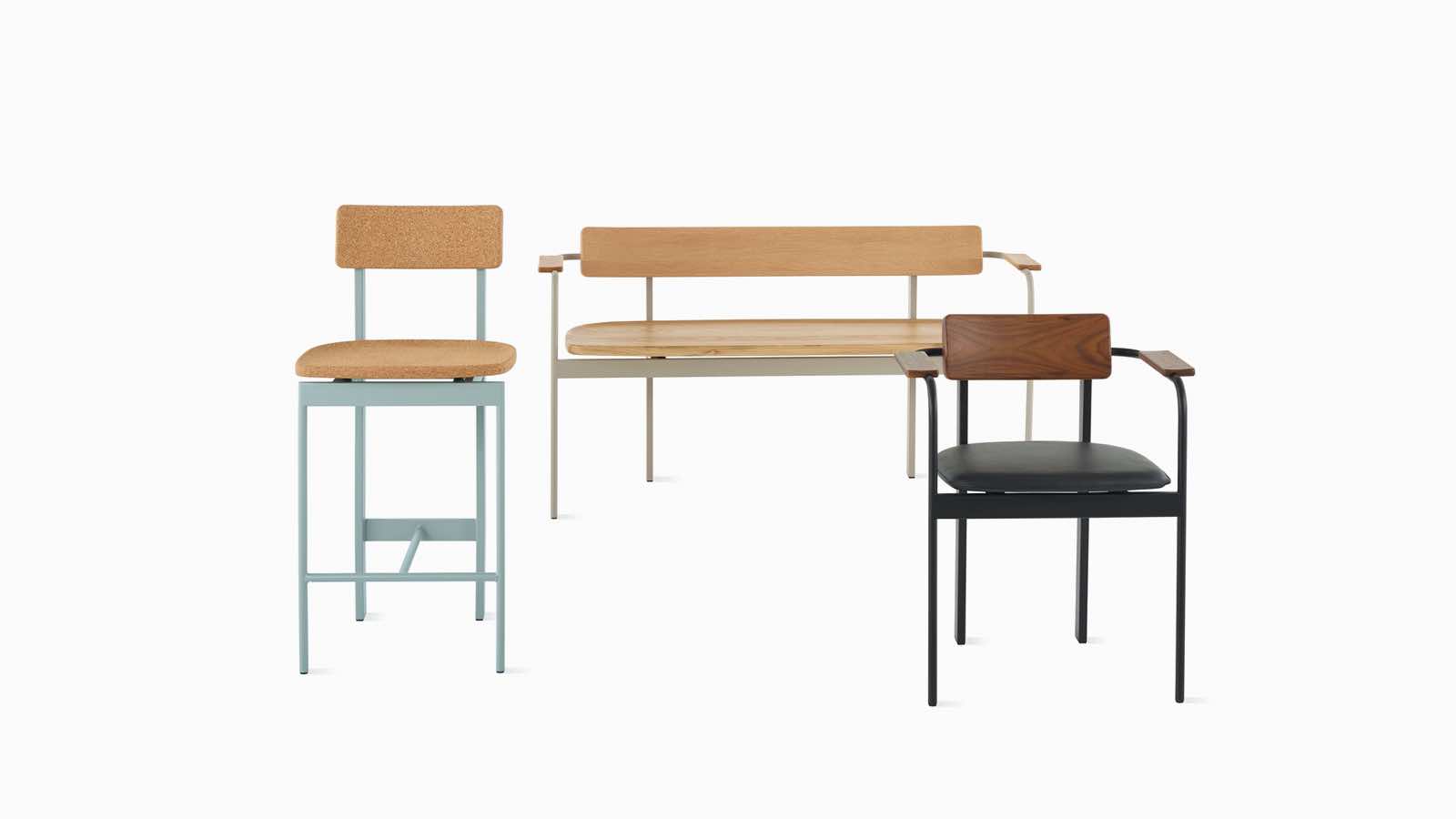 The Betwixt seating family in different finishes, featuring the side chair, stool, and bench.