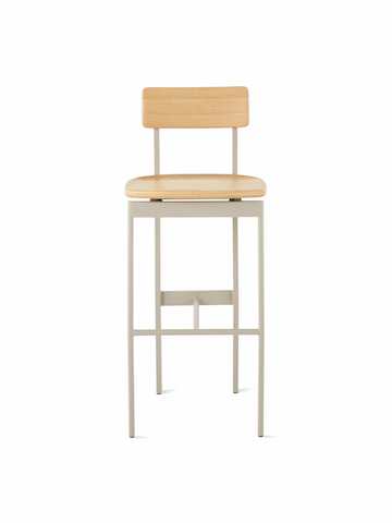 A bar-height Betwixt Stool with oak seat and backrest with a grey frame.