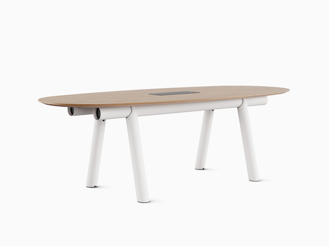 Boa table, seated height, matte walnut top, oval, white base.