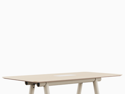 Rectangle, seated height Boa Table with beige trestle base, Ash veneer top, and white tech bucket.