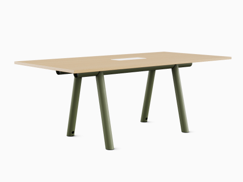 Boa Table counter height, oak on ash rectangle top, olive green base.