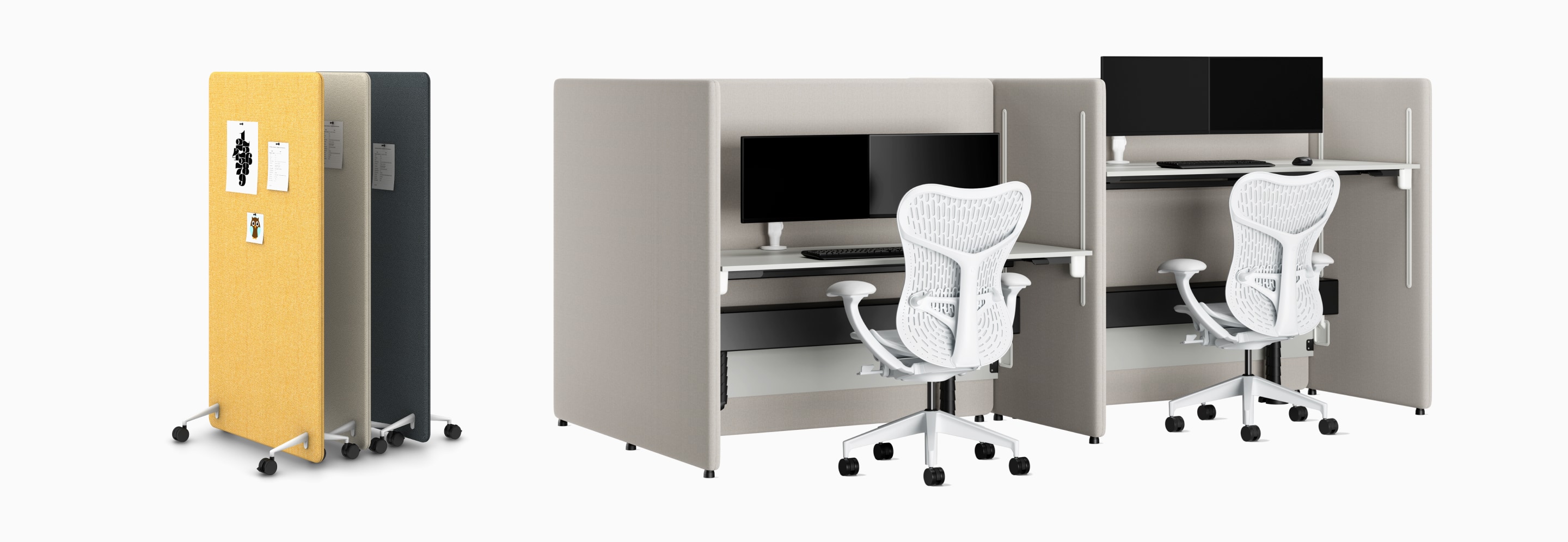 Yellow, light gray and dark gray Bound Mobile Screens nesting together on the left. An angled view of a four person grey back‑to‑back Bound Sit‑Stand Desking configuration, shown with Mirra 2 chairs and dual monitors on the right.
