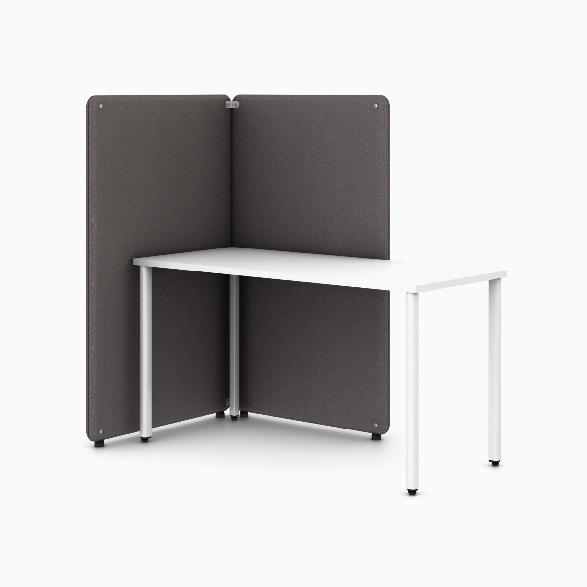 Two grey Bound Freestanding Screens around a white OE1 Rectangular Table, viewed from an angle.