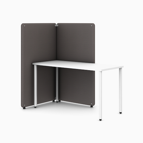 Two gray Bound Freestanding Screens around a white OE1 Rectangular Table, viewed from an angle.