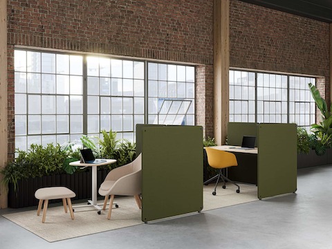 An open office setting with green Bound Freestanding Screens in two booths with tables and chairs, with OE1 Project Tables in a group setting in the background.