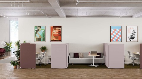 Brown and light grey Bound Freestanding Screens in various applications, including booths and a collaborative setting.