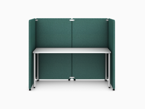 Four green Bound Freestanding Screens in a booth configuration around a white OE1 Rectangular Table, viewed from the front.