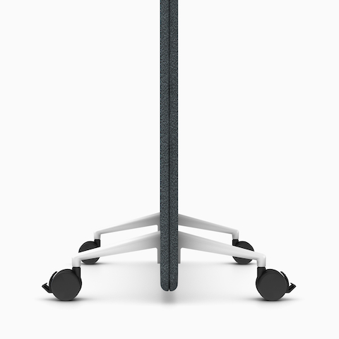 Detail of a dark gray Bound Mobile Screen with white base and black castors, viewed from the side.