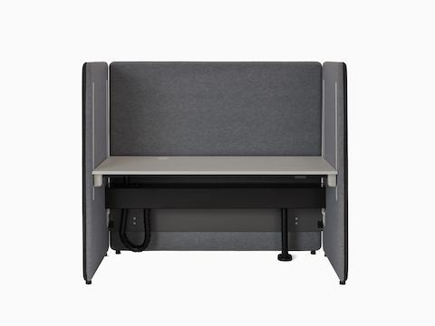 Front view of light and dark grey Bound Sit-Stand Booth.