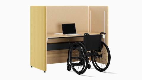 Angled view of yellow and taupe Bound Sit-Stand Booth.