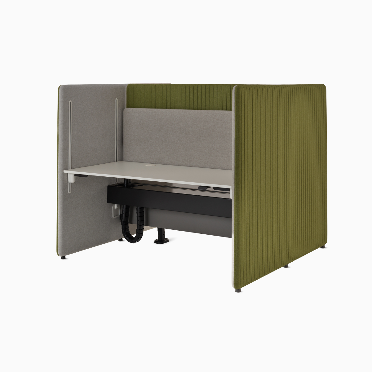 Angled view of green and grey Bound Sit-Stand Desking where both desk attached screens are in seated position.