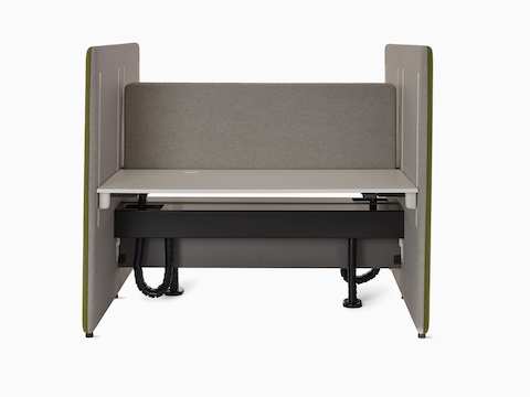 Front view of Bound Sit-Stand Desking with back to back desking and desk attached screens.