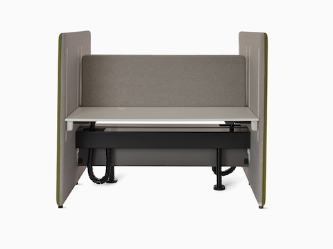 Front view of Bound Sit-Stand Desking with back to back desking and desk attached screens.