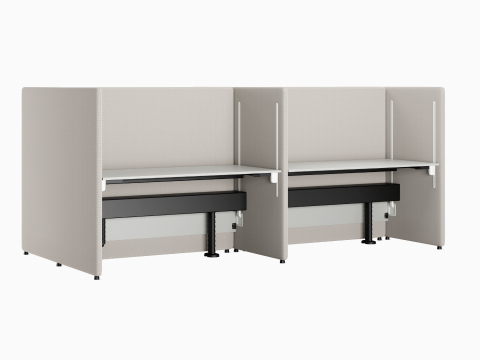 Angled view of a four person grey Bound Sit-Stand Desking configuration.